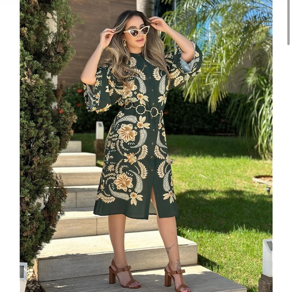 Farm Rio Vestido Midi Estampado Flor De Coqueiro Verde - Picture 10 of 11